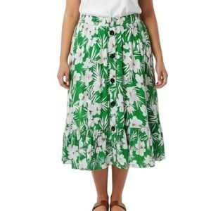 Pari Passu Skirt Womens 3 Green Floral Midi A Line Elastic Waist Ruffle Tropical